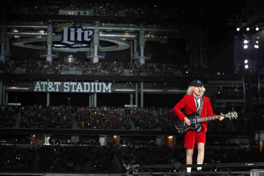 Arlington, Texas, USA: Angus Young, guitarist of the Australian rock band AC/DC, performs at the AT&T Stadium during their Power Up Tour on Monday April 14, 2025. (Photo by Javier Vicencio / Grand Prairie News)