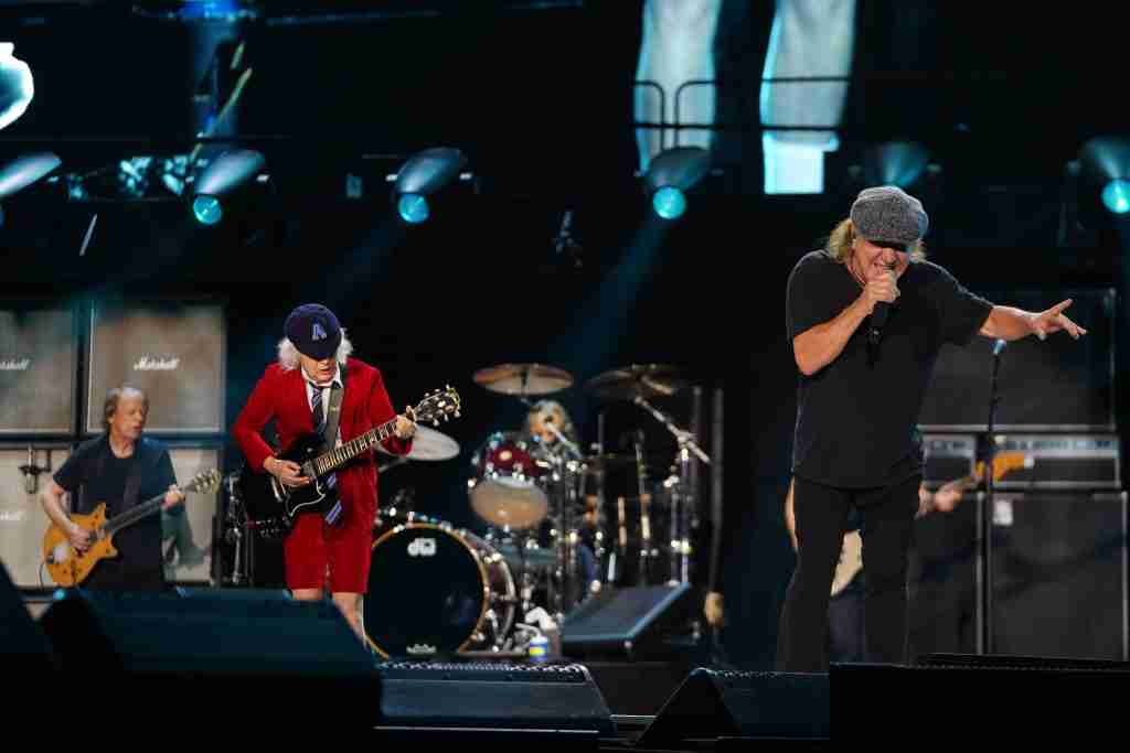Arlington, Texas, USA: Brian Johnson, Angus Young, Stevie Young, Phil Rudd and Cliff Williams, members of the Australian rock band AC/DC, perform at the AT&T Stadium during their Power Up Tour on Monday April 14, 2025. (Photo by Javier Vicencio / Grand Prairie News)