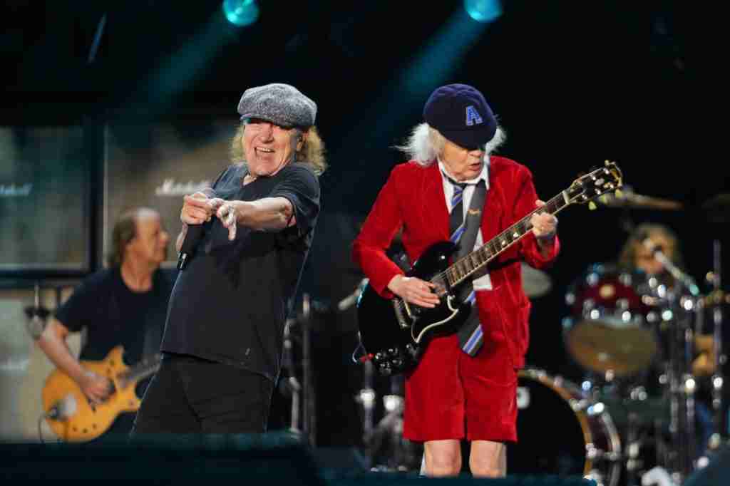 Arlington, Texas, USA: Brian Johnson, Angus Young, Stevie Young, Phil Rudd and Cliff Williams, members of the Australian rock band AC/DC, perform at the AT&T Stadium during their Power Up Tour on Monday April 14, 2025. (Photo by Javier Vicencio / Grand Prairie News)