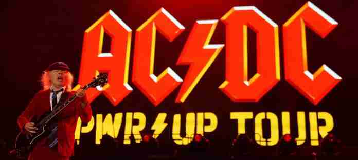 Arlington, Texas, USA: Angus Young, guitarist of the Australian rock band AC/DC, performs at the AT&T Stadium during their Power Up Tour on Monday April 14, 2025. (Photo by Javier Vicencio / Grand Prairie News)