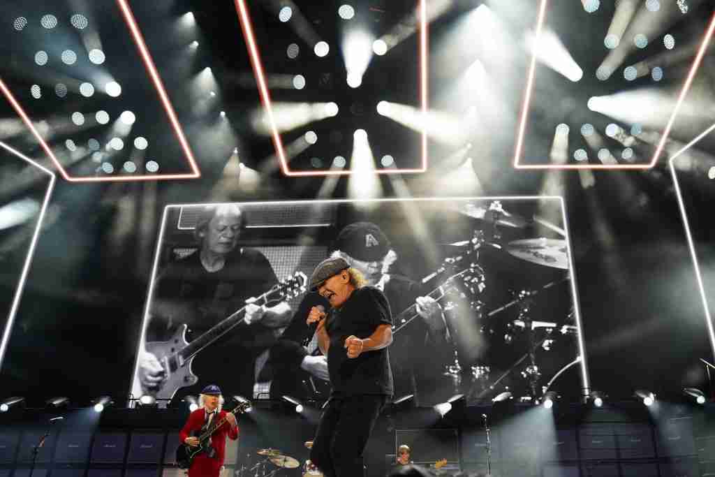 Arlington, Texas, USA: Brian Johnson and Angus Young, members of the Australian rock band AC/DC, perform at the AT&T Stadium during their Power Up Tour on Monday April 14, 2025. (Photo by Javier Vicencio / Grand Prairie News)